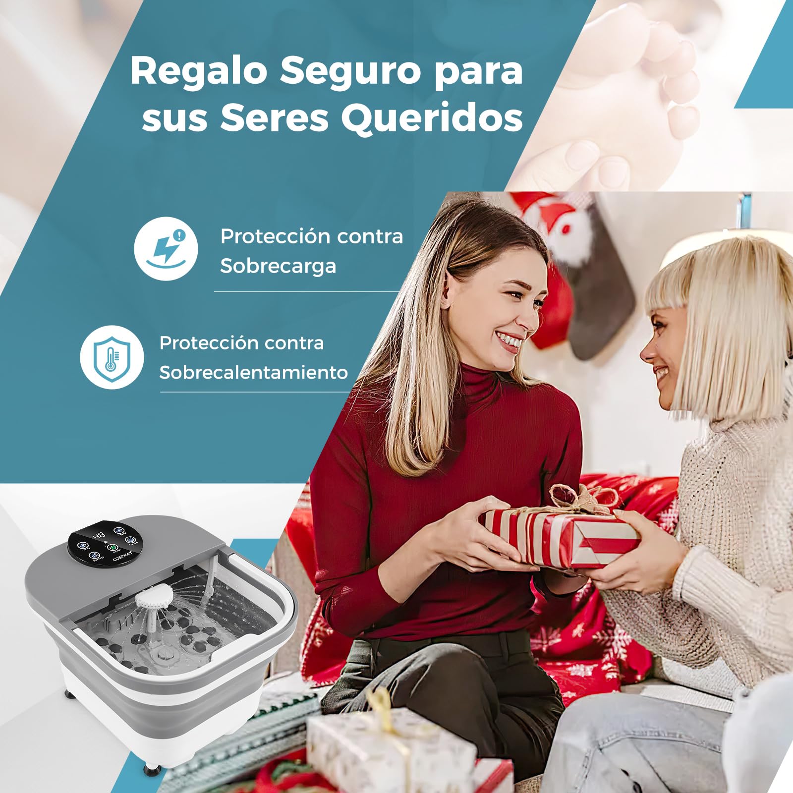 COSTWAY Masajeador de Pies Plegable con Calor, Ducha y Temporizador, Baño de Pies con 30 Bolas de Masaje Shiatsu Motorizadas, Temperatura 35-48℃, Pediluvio para Alivio del Estrés de los Pies