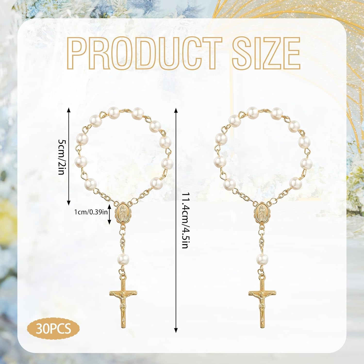 30Pcs Mini Rosary Baptism Favors Acrylic Finger Rosary Beads, Gold Plated Ivory Color Faux Pearls Baptism Party Favors Small Bracelet Packs for Christening Communion Weddings Favors
