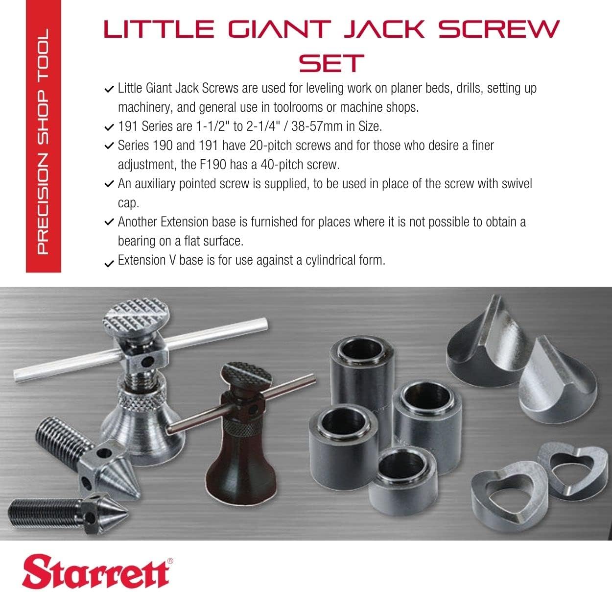 Starrett Little Giant Jack Screw Set Complete with All Attachments - Ideal for General Use in Toolrooms or Machine Shops - 1-1/2-2-1/4" Range, 1" Base Diameter - S191