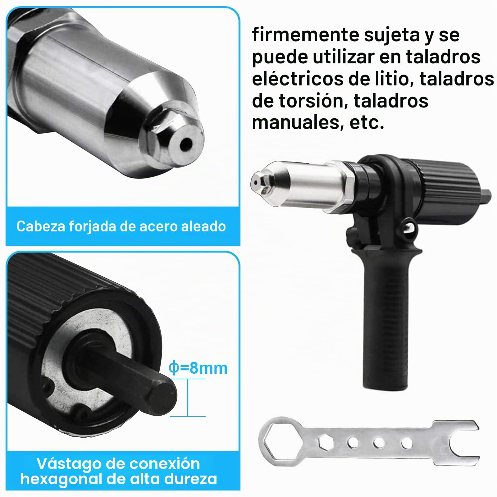 Adaptador de pistola de remachar eléctrico adaptador de taladro para remachar, herramienta de tuerca de inserción de remachadora con cabezal de remache de diámetro 2.4/3.2/4.0/4,8 mm