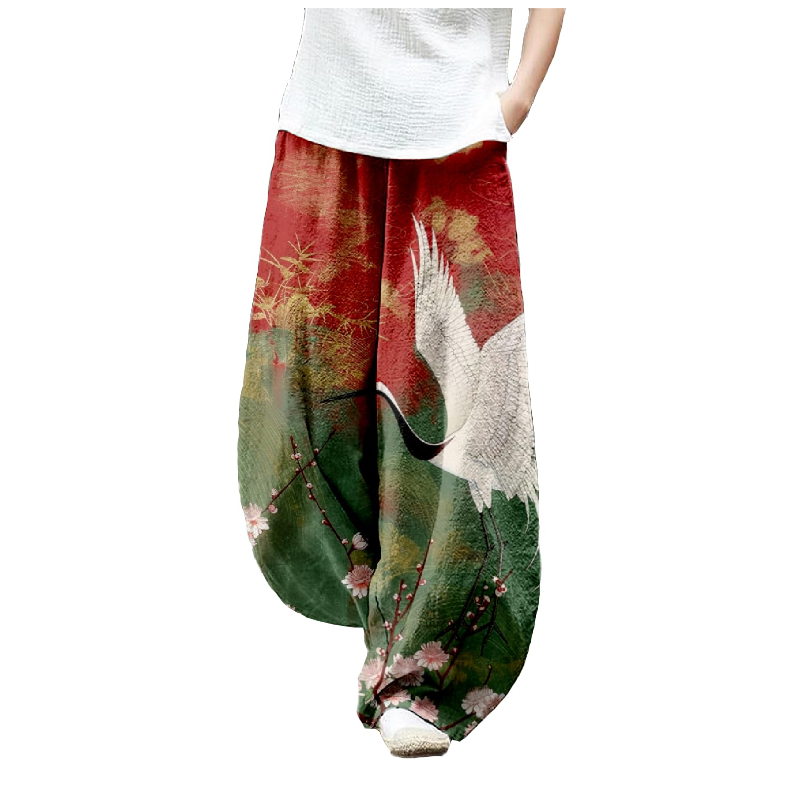 MARSVOVO Flowy Pants for Women Summer Baggy Floral Print Trousers Pants Breathable Wide Leg Lantern Trouser with Pockets