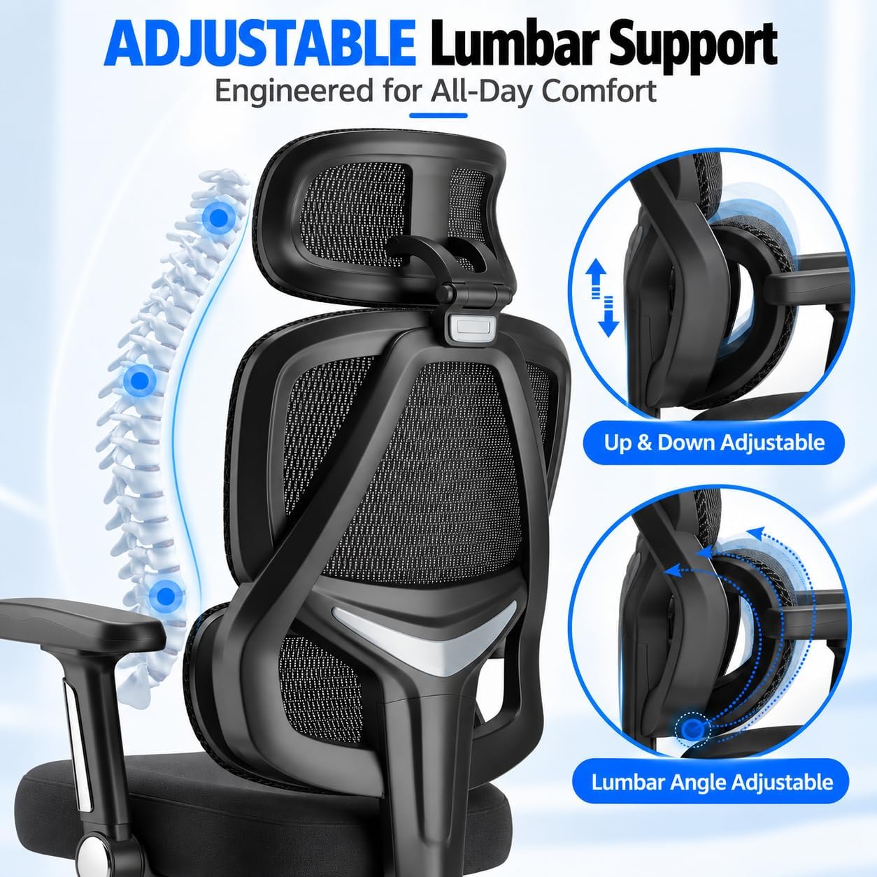 Ergonomic Office Chair, Mesh Back Chair with Adjustable Lumbar Support