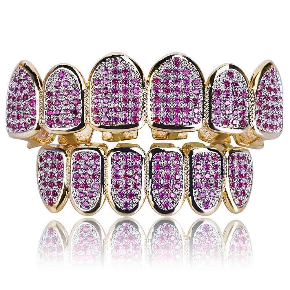 Grillz de hip hop dorados con circonitas para dientes superiores e inferiores estallido iced out