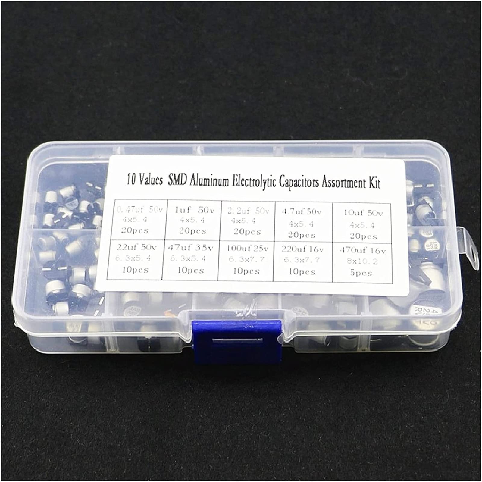 Kit de condensadores 145 piezas 10 valores SMD 0,47 a 470uF Kit surtido de condensadores electrolíticos condensadores