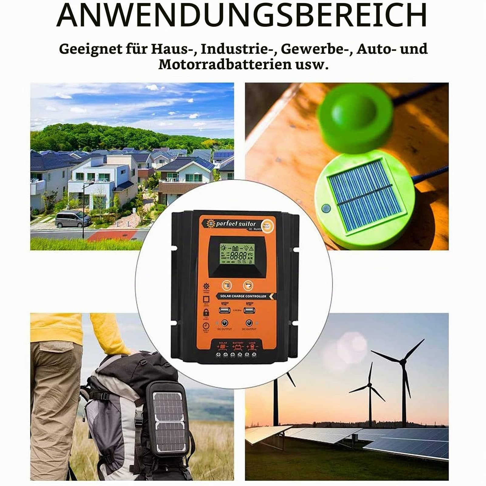 MPPT Solarregler, 12V / 24V LCD Display Solar Laderegler mit Dual USB Port Automatische Identifizierung Systemspannung(70A)