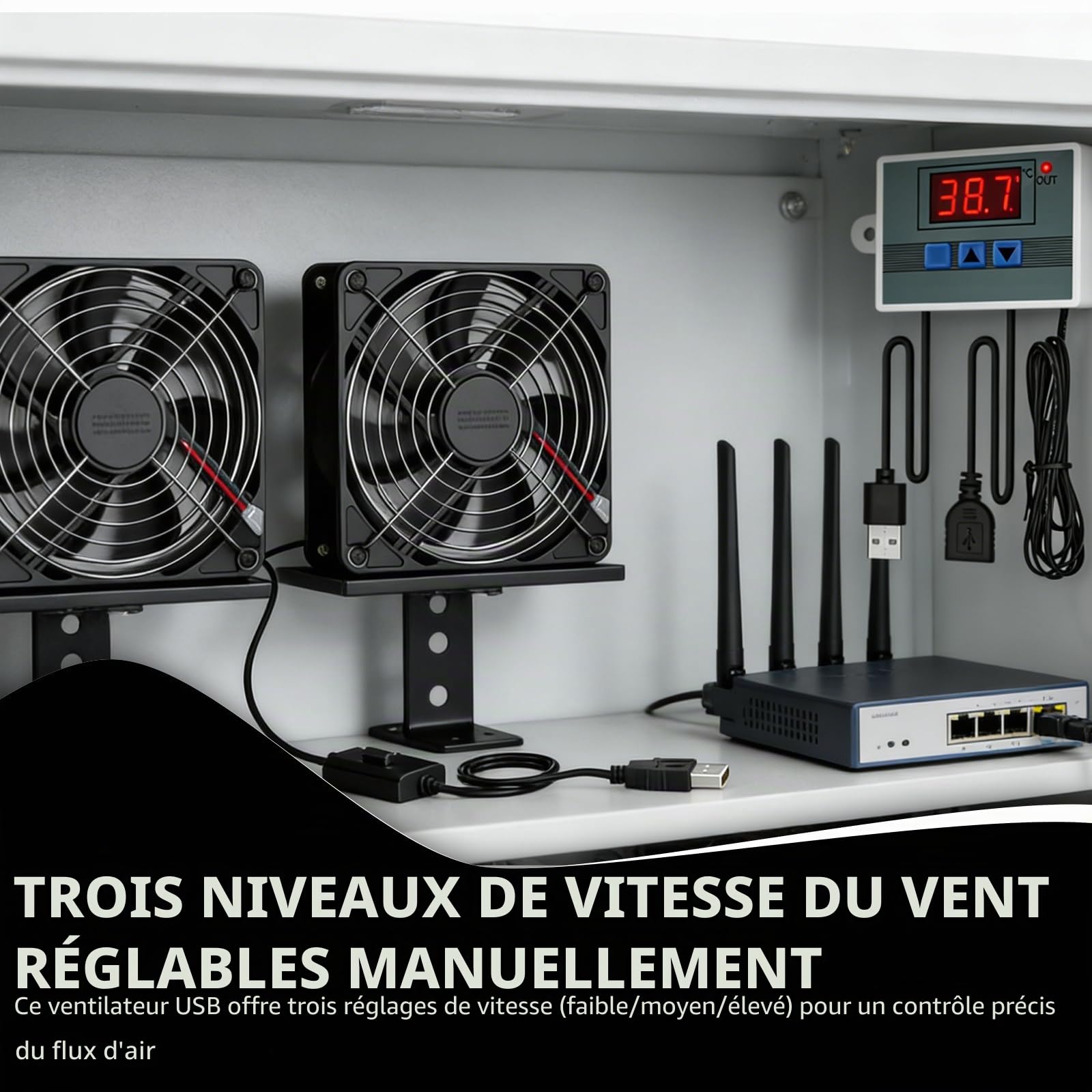 Lot de 2 ventilateurs USB, 120 mm, avec régulateur de température numérique, 5 V, 3 vitesses réglables, double roulement à billes, pour PS5/ordinateur portable/TV Box/AV, armoire, routeur