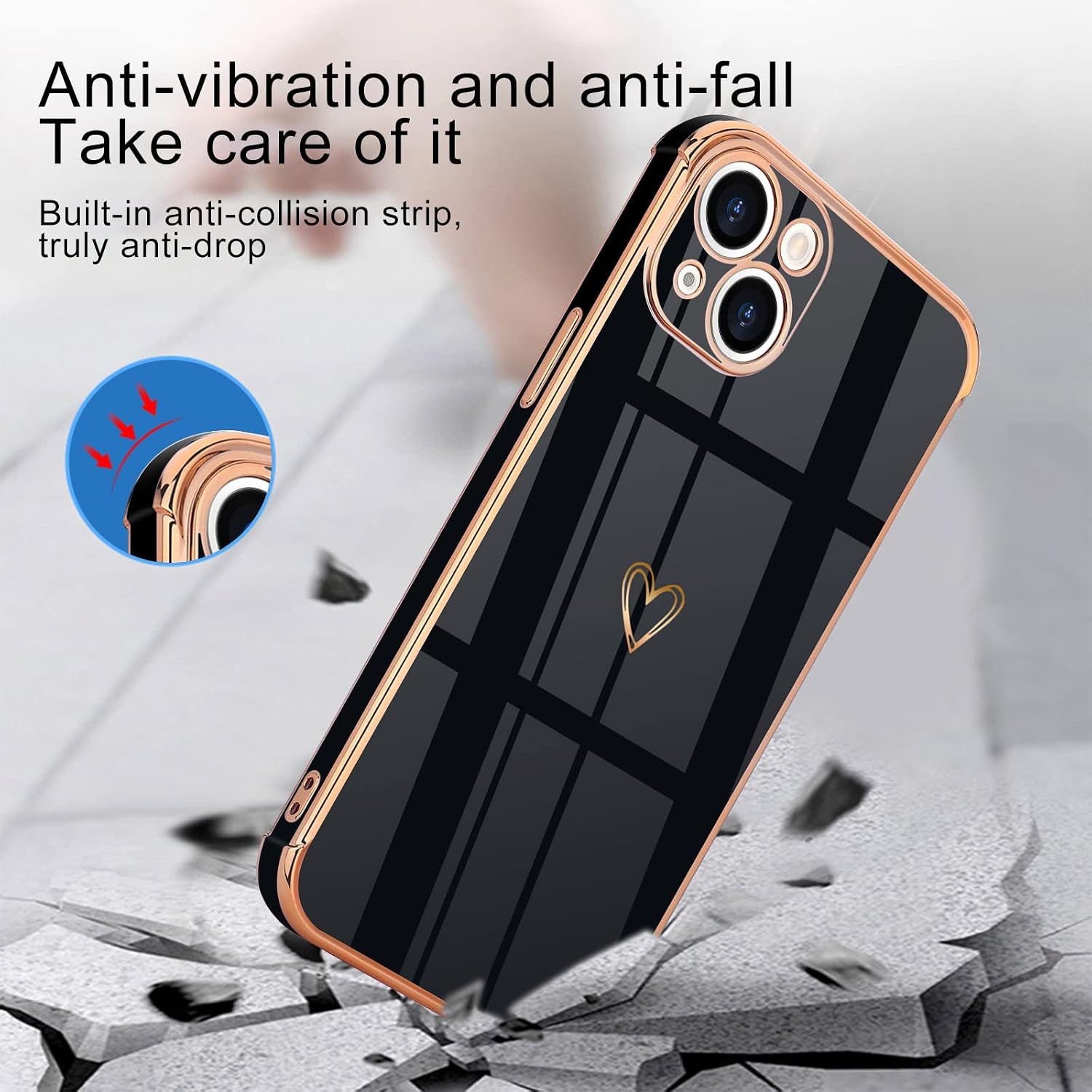 Lafunda Compatible with iPhone 13 Case,Cute Love Heart Plating Case for Women Girls Raised Reinforced Golden Edge Shockproof TPU Silicone Bumper Cover Camera Protective Phone Case for iPhone 13,Black