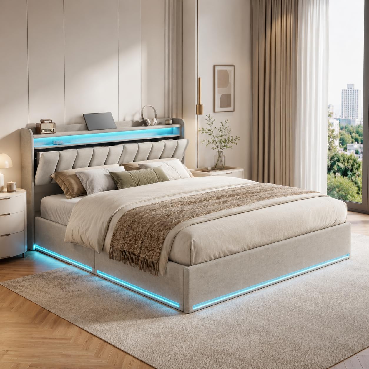 Letto imbottito 140x200 cm, letto con spazio di archiviazione idraulico con LED e stazione di ricarica USB, struttura del letto con rete a doghe e spazio di archiviazione nella testata, letto