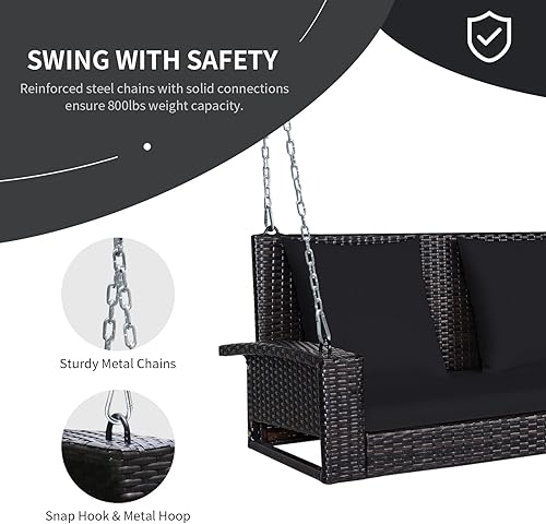 Miniatura 6 de RELAX4LIFE Columpio de porche de 2 asientos, columpios de mimbre para porche al aire libre con dos cadenas de acero sólido de 7.9 pies, cómodos