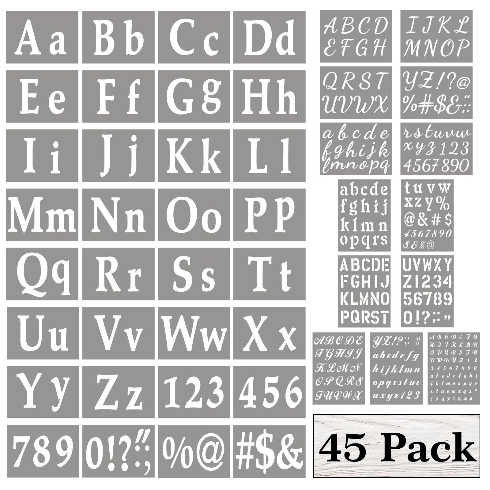 JarThenaAMCS Buchstabenschablonen zum Bemalen von 1/2, 1, 3/2, 2, 4 Zoll, wiederverwendbare Kunststoff-Zahlen-Alphabet-Schablonen für Bastelbedarf, 45 Stück