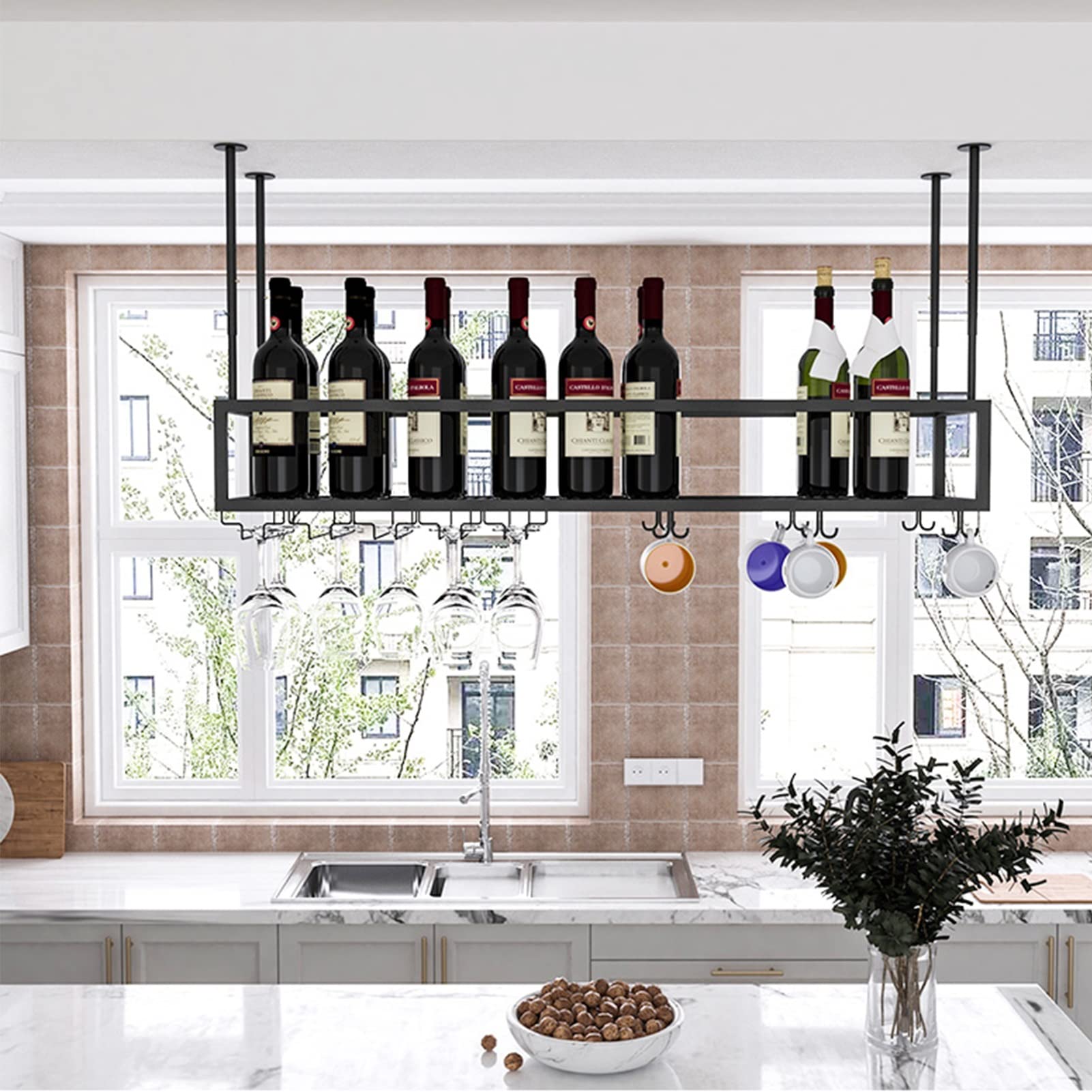 Botellero, Soporte Colgante para Copas de Vino, botellero metálico, botellero Ajustable con Soporte para Copas, botellero de Techo Negro Mate para Copas (tamaño: 60x25x21cm)