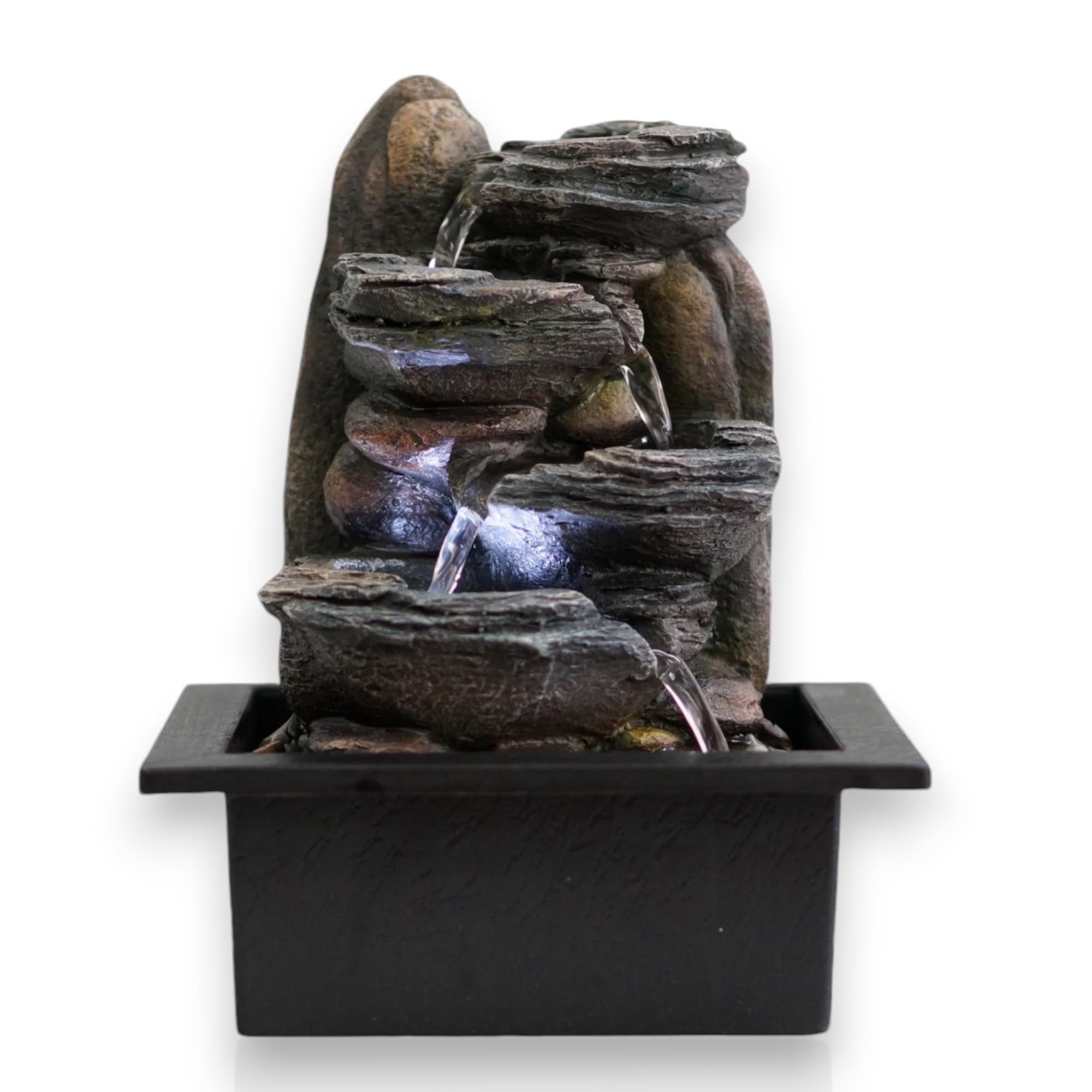 Water Feature Indoor Outdoor LED Fountain - Serene Waterfall Garden Decor in Polyresin, Weather Resistant Design with Pump & LED Light for Relaxation (Dark Grey Waterfall)