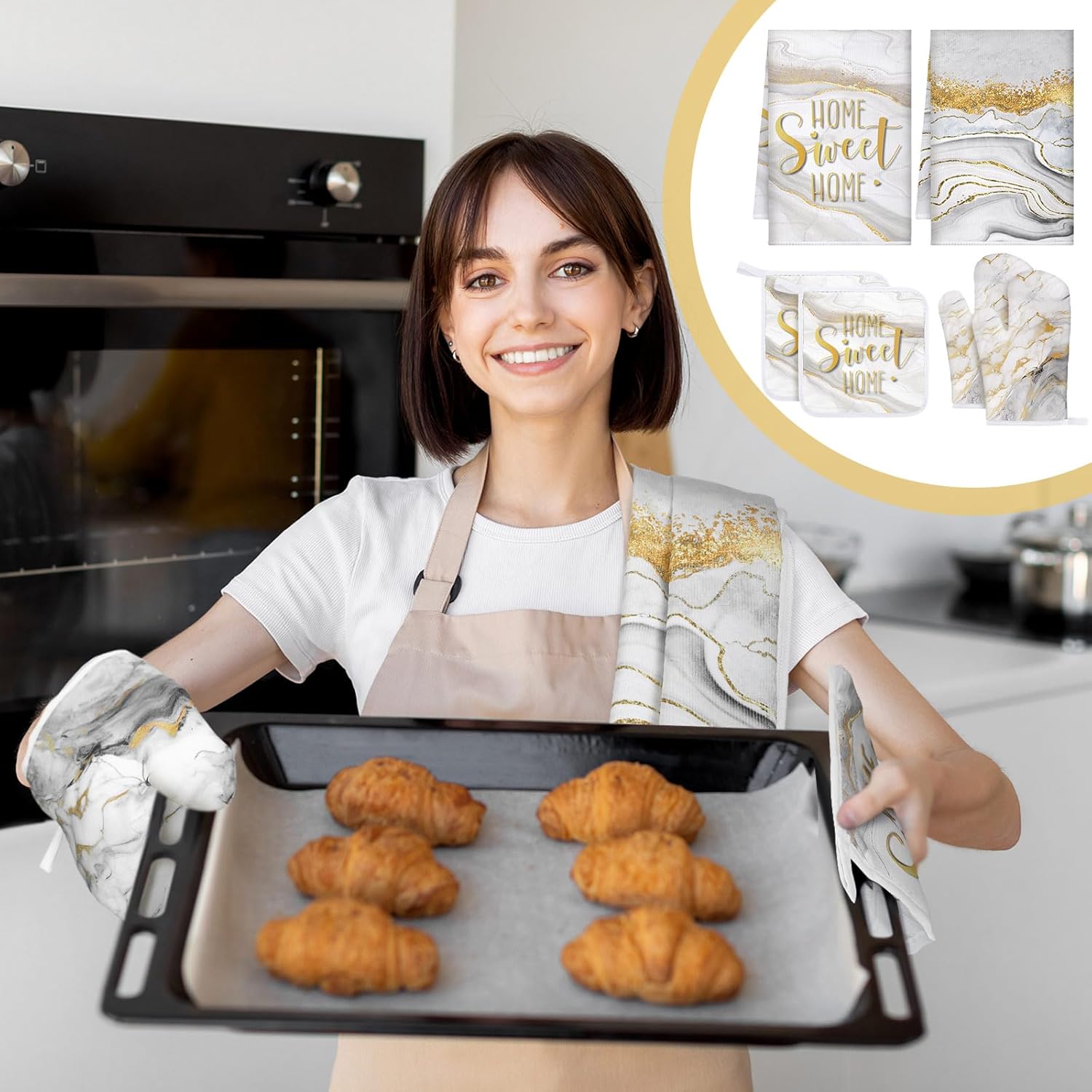 Bencailor 6 Pcs Marble Kitchen Decor Gold Pot Holders Oven Mitts 2 Dish Towels 2 Farmhouse Cooking Mittens Oven Glove and Potholder for Baking Cooking Grilling Supply Accessories(White) - Image 2