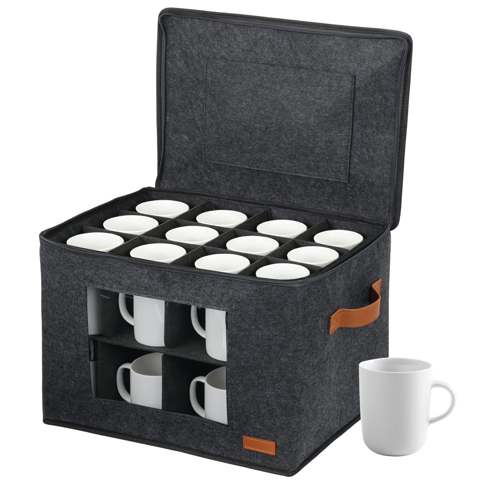 Sibosen 2- Layer Coffee Mug Storage Box with Dividers and Zippered Lid Stackable Organiser for 24 Mugs and Cups Portable Coffee Cup Organizer with Handles for Kitchen Moving Camping