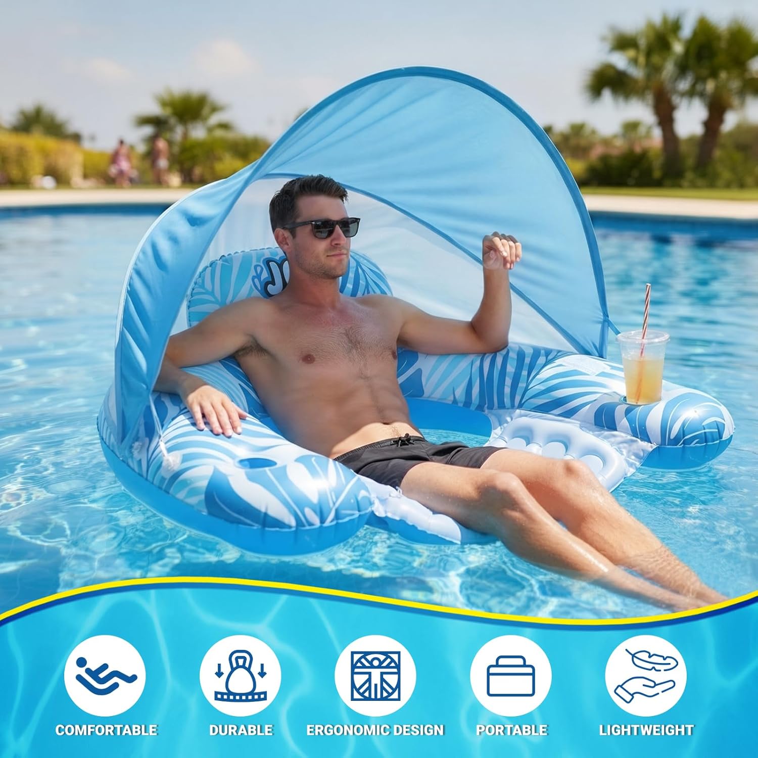 Pool Float for Adults with Canopy, XL Inflatable Chair Lounge Floaties with Adjustable Sun Shade Cover, Drink Holder, Ergonomic Headrest