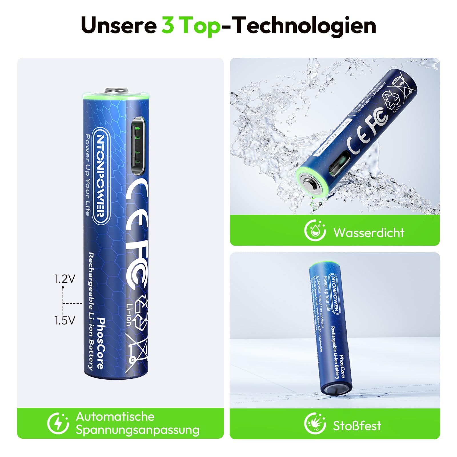 NTONPOWER Pilas AAA de litio 1,5 V 500 mWH con USB-C Lith baterías recargables con cable, 8 unidades, para linterna, juguetes, mando a distancia