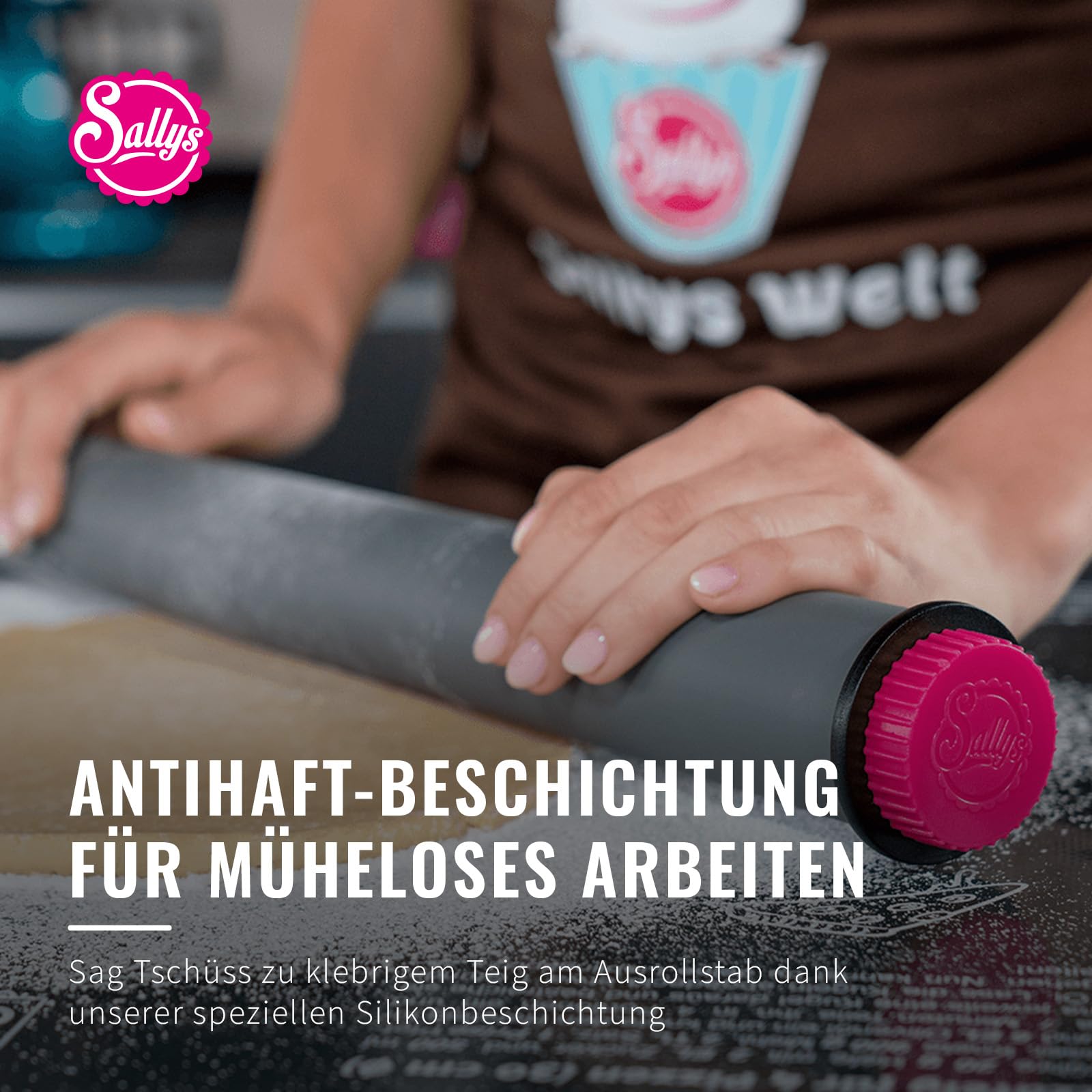 Sallys Profi Ausrollstab - 50 cm - Antihaft-Silikon & Edelstahlkern - Teigroller mit Abnehmbaren Abstandsringen - Nudelholz zum Backen