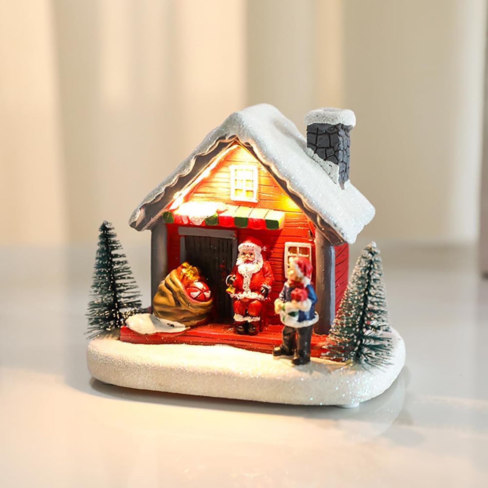 Pequeño Adorno Navideño De Pueblo De Nieve, Casas Navideñas con Escena De Nieve Navideña, Funciona con 2 Pilas AAA Y Material De Resina Duradero, Pintado a Mano Y Artesanía Exquisita
