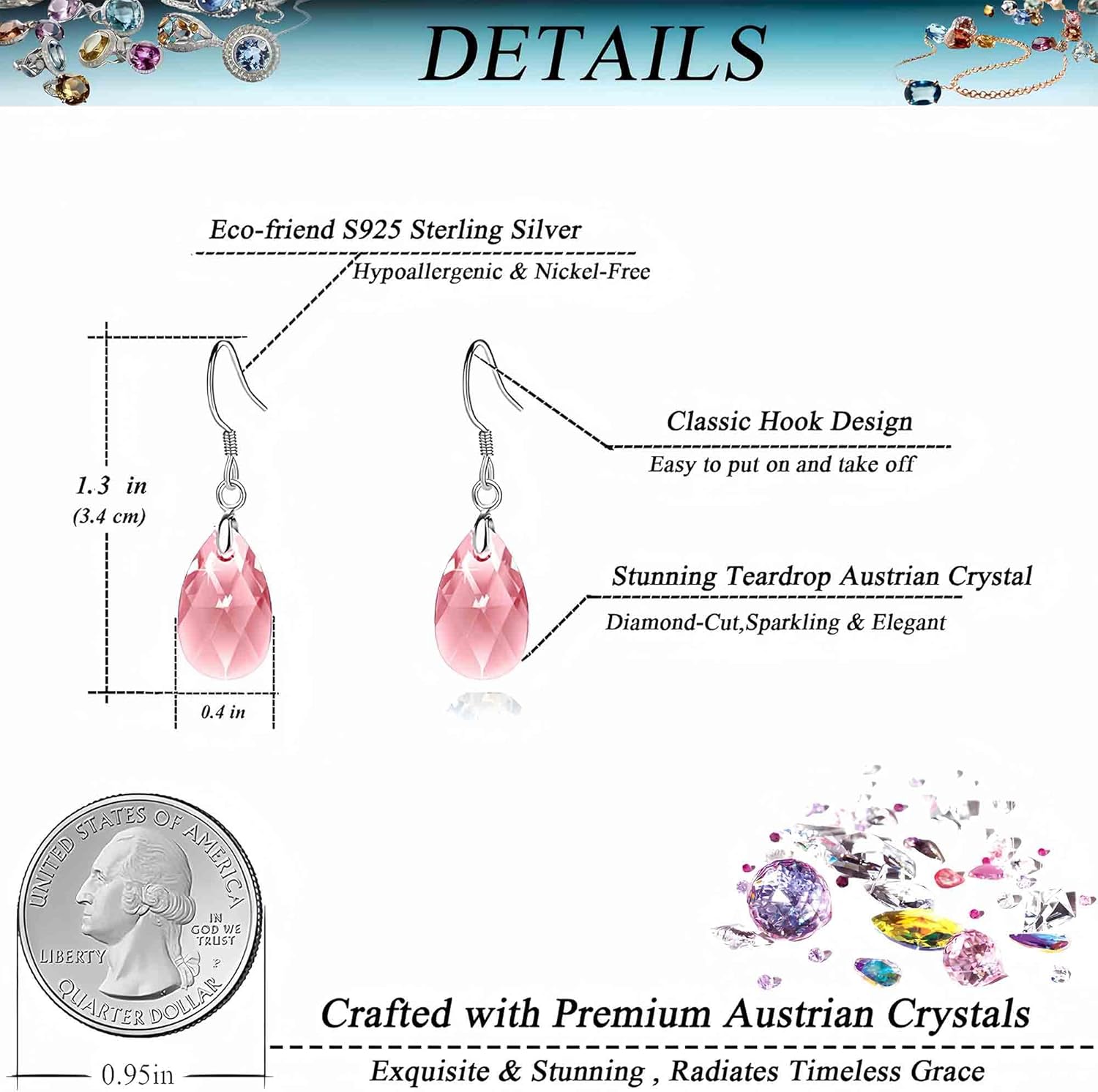 Teardrop Austrian Crystal Drop Dangle Earrings for Women 925 Sterling Silver Hook Hypoallergenic Jewelry - Image 4