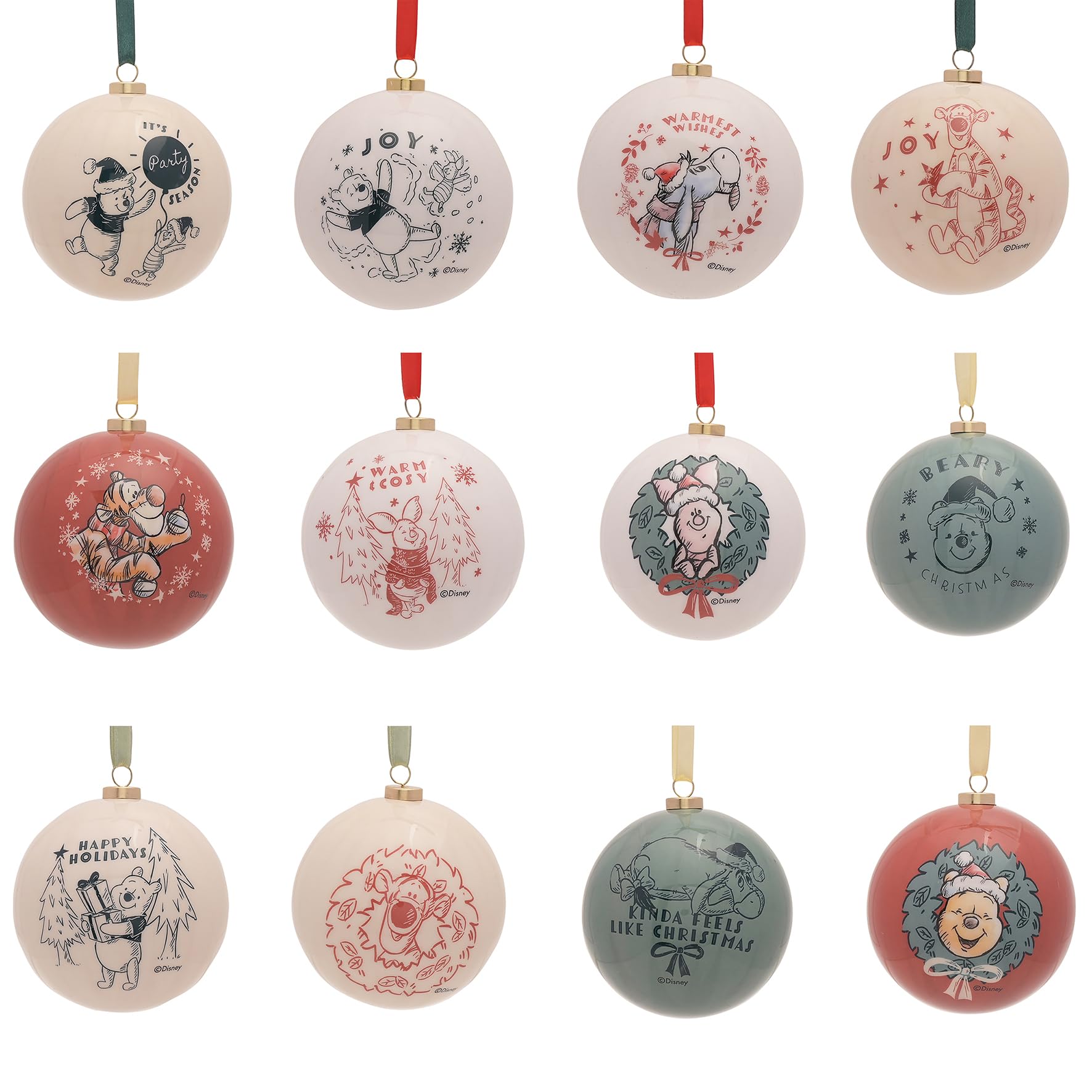 Disney – Lot de 12 boules de Noël Winnie l'ourson – Ourson, Tigrou, Porcinet et Bourriquet – Produit sous licence officielle – Décoration de Noël en plastique rouge, blanc et bleu avec ficelle pour