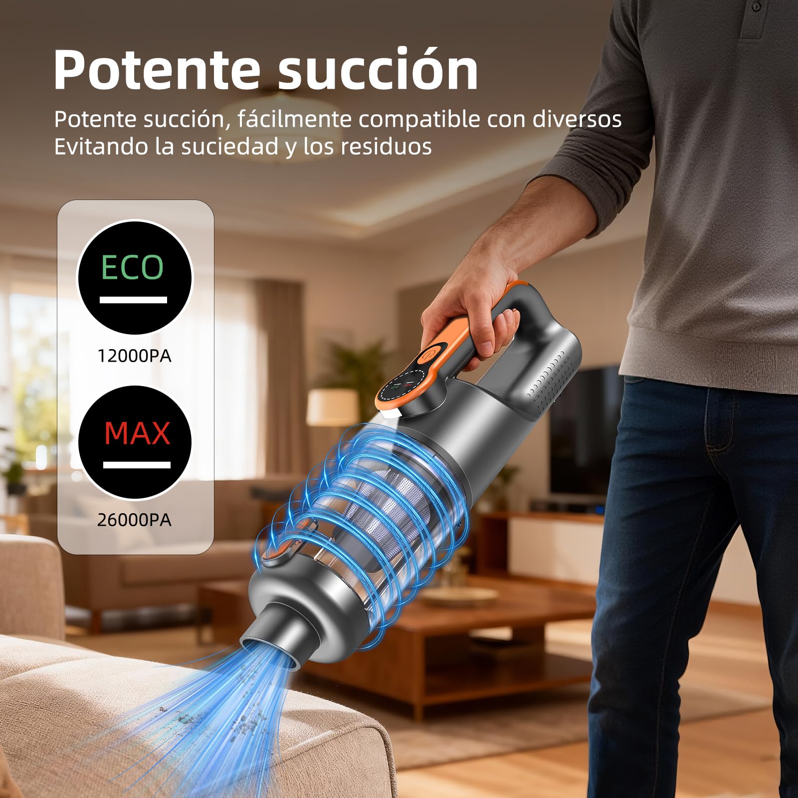 Aspirador de Mano, 26000Pa 4-in-1 Aspirador Sin Cable Potente, Descarga de Polvo con un Solo Toque, Motor Sin Escobillas,Pantalla HD e Iluminación LED,Aspirador Coche para Hogar/Oficina/Coche, Naranja