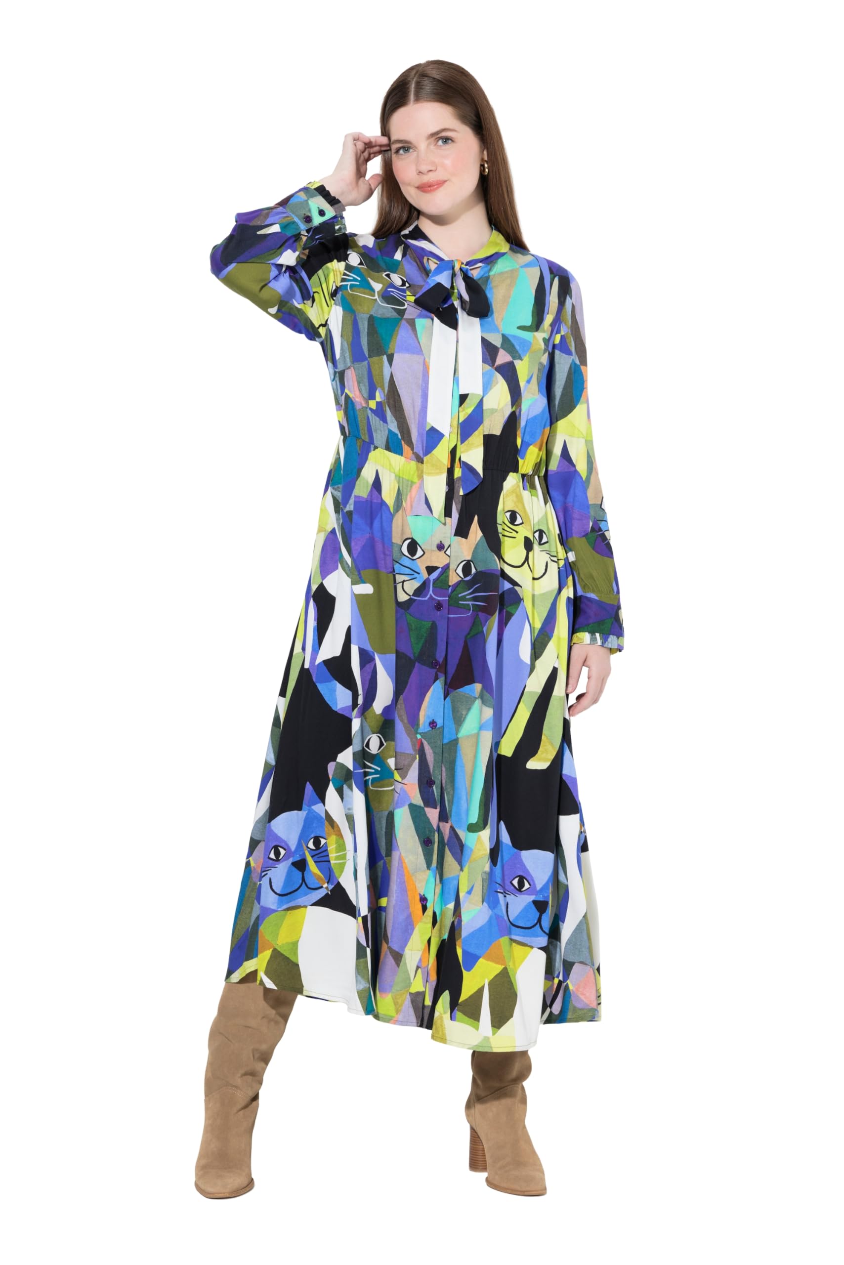 Ulla Popken Damen große Größen Übergrößen Plus Size Maxikleid, A-Linie, V-Ausschnitt, Schluppe, Langarm 832858