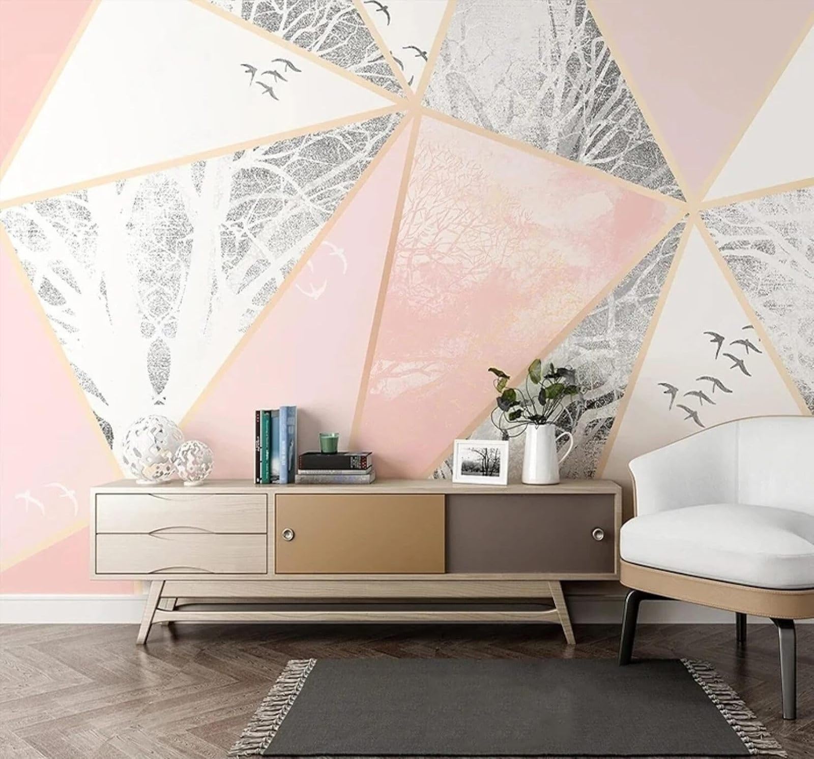 XLMING Pink Geometric Triangles Trees Birds 3D Wallpaper Silky Texture Home Study Office Grey Dining Room Sofa Bedroom Living Room TV Backdrop-350cm×256cm