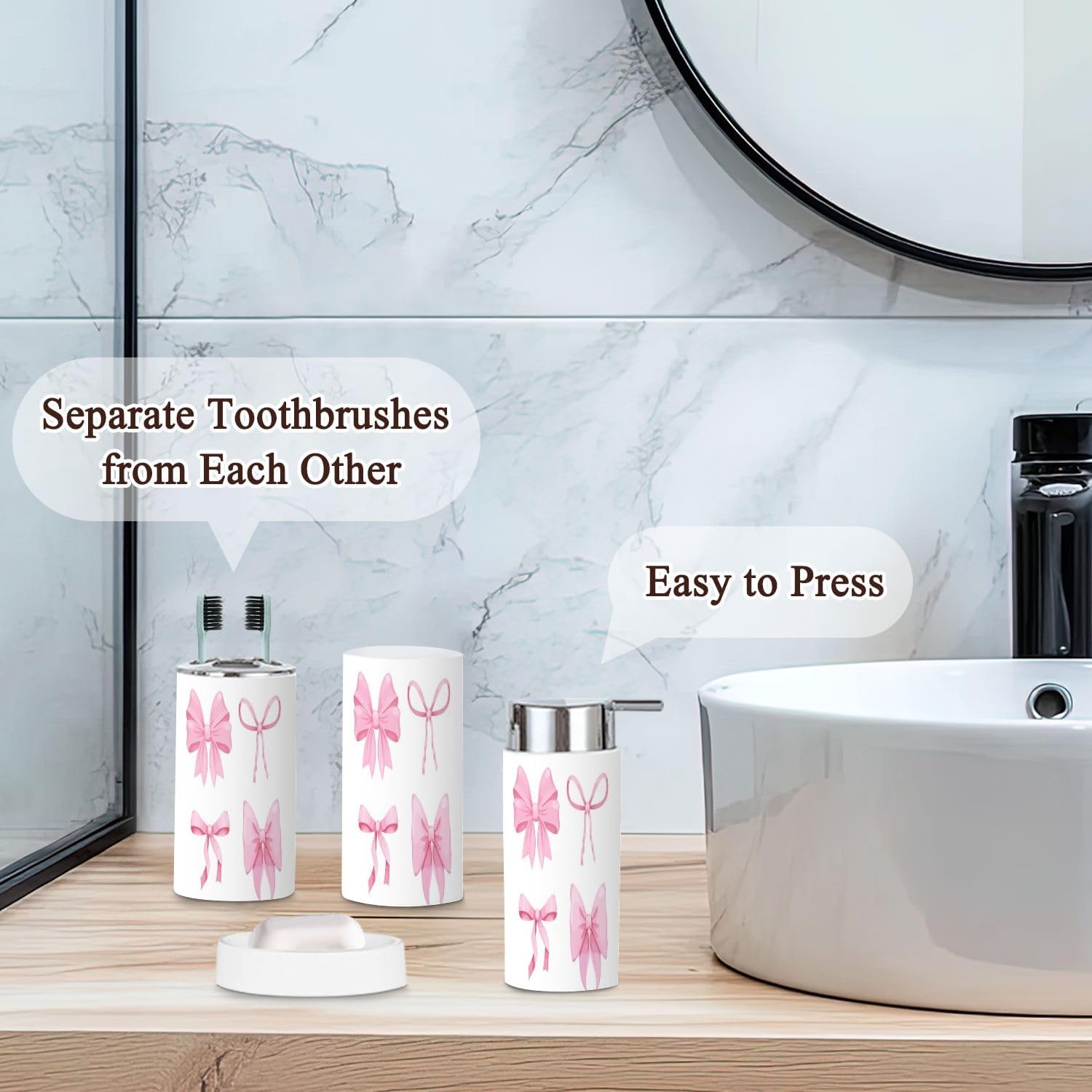 6 Piece Bathroom Accessories Set Pink bow coquette aesthetic accessory pastel white Lovely satin knot Trash can Toilet Brush Holder Toothbrush Holder Toothbrush Cup Soap Dispenser Soap Dish Boho Decor