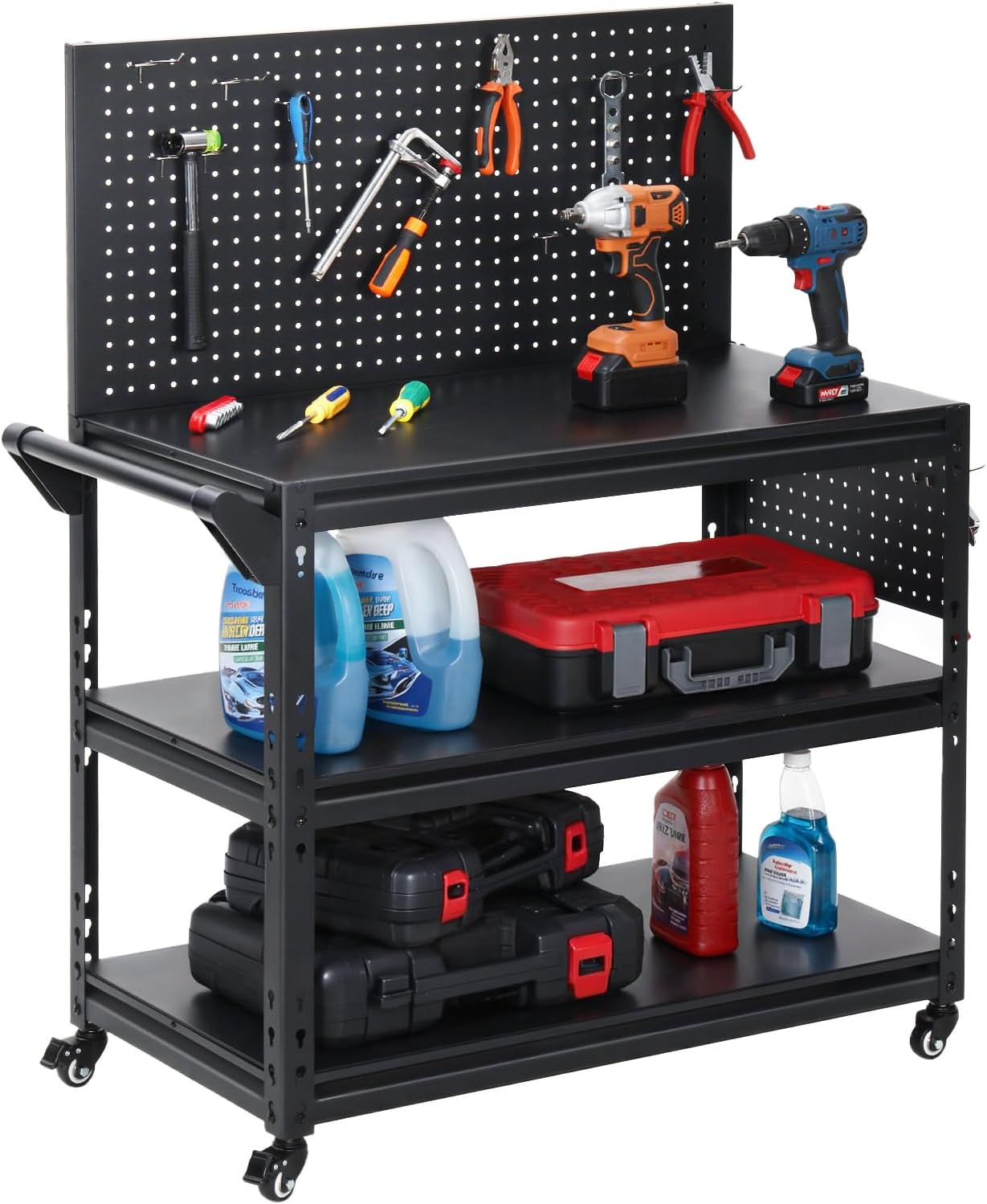 ENJOYWOOD Workbench with Dual Pegboards 3-Tier Adjustable Rolling Work Table Heavy Duty Metal Tool Bench with Push Handle & Wheels Mobile Workstation for Garage, Workshop, Warehouse