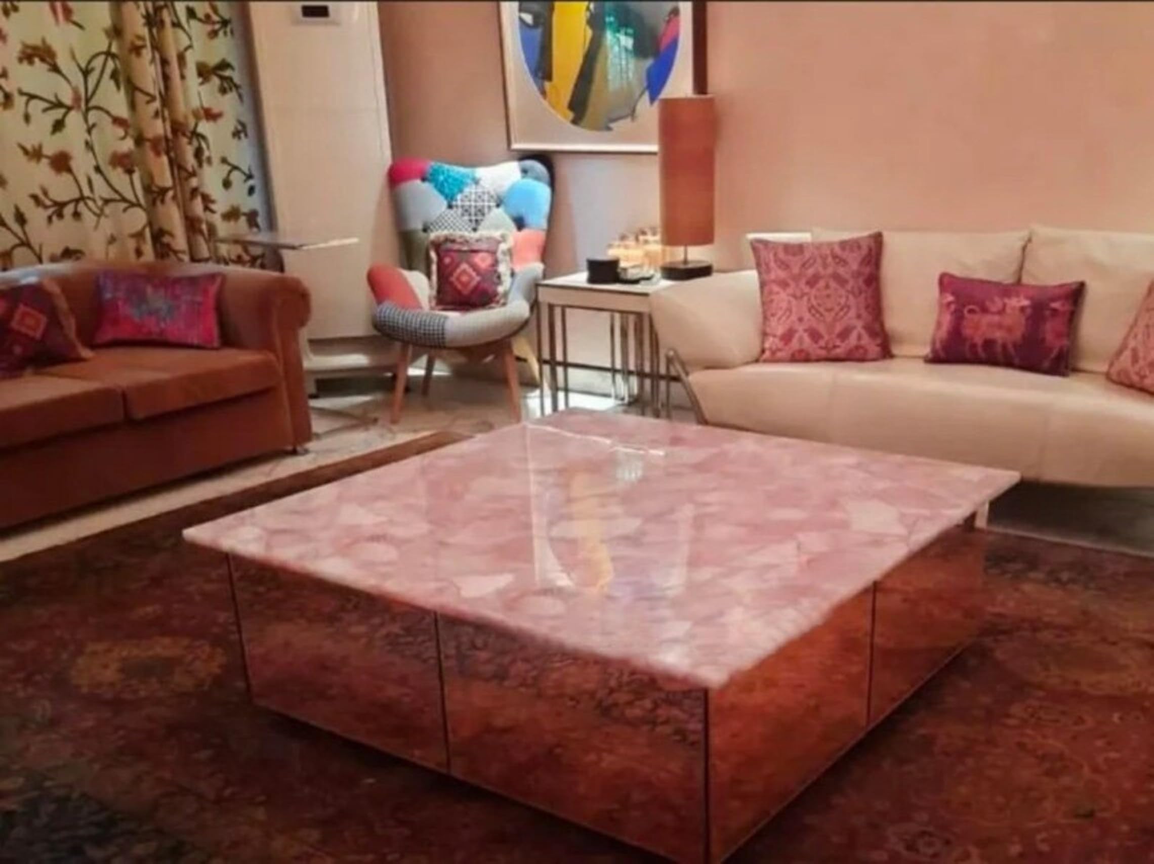 Table basse en quartz rose et résine d'artisanat Vintage 35cm