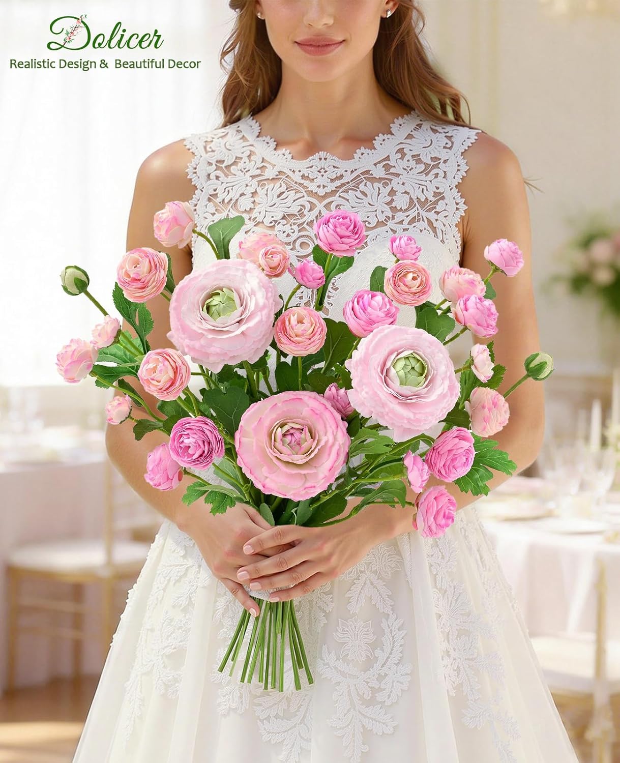 Dolicer Real Touch Ranunculus Artificial Flowers, 12Pcs 18 Inch Fake Peonies Artificial Flowers, Faux Flower for Vase Faux Peony Bulk for Home Table Wedding Bridal Bouquet Decor