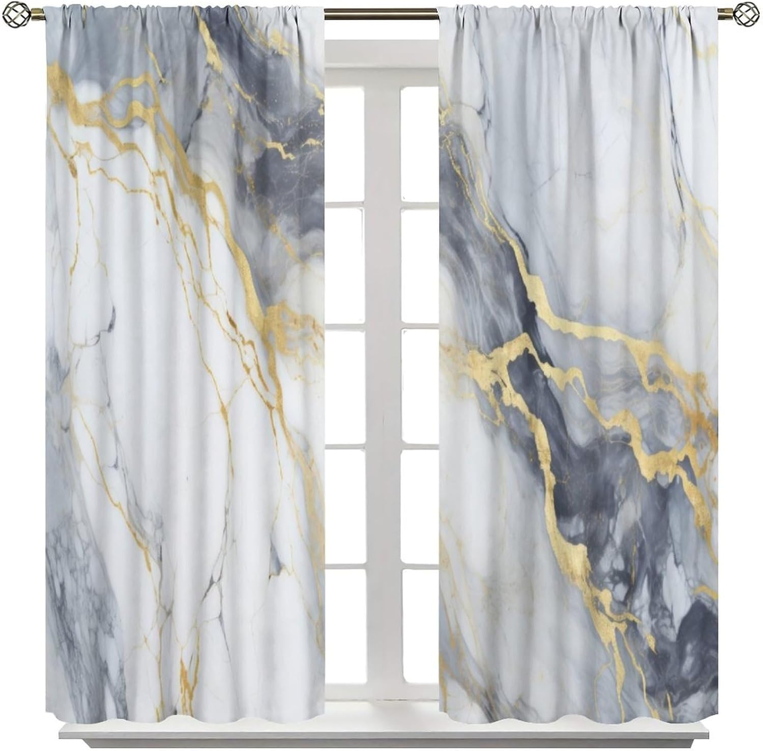Marble Blackout Curtain for Living Room, Modern Abstract Foil Texture White Grey Gold Marble Rod Pocket Window Treatments 2 Panels Drapes for Living Room Bedroom Cafe Decor 72" W X 63" L