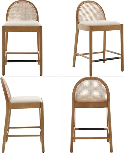 Miniatura 3 de Mid-Century - Juego de 2 taburetes de bar de 26 pulgadas con respaldo de ratán de lino, cómodos taburetes de bar tapizados con patas de madera para