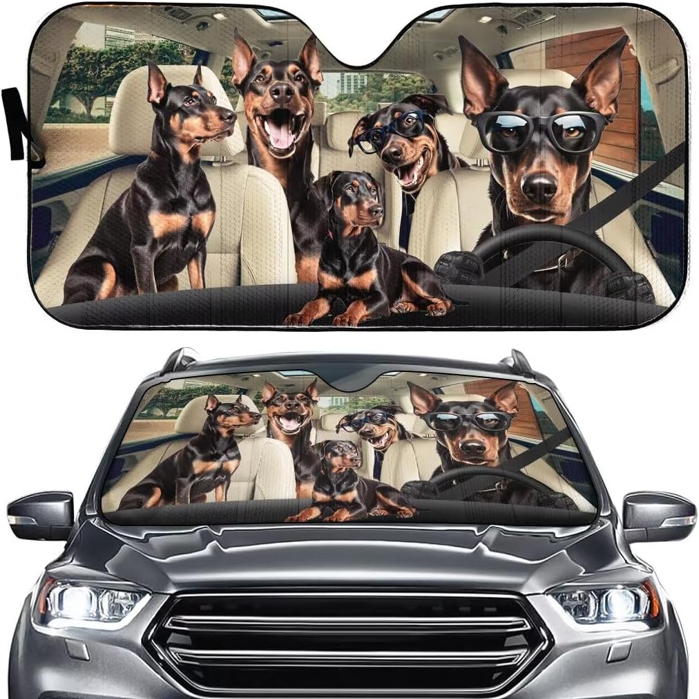 Doberman Dog Driver Car Front Window Sun Shield Sun Visor, Funny Animal Auto Windshield Sunshade Pet Dogs Foldable Car Sunshield Protector Car Interior Accessories for SUV Truck RV Van