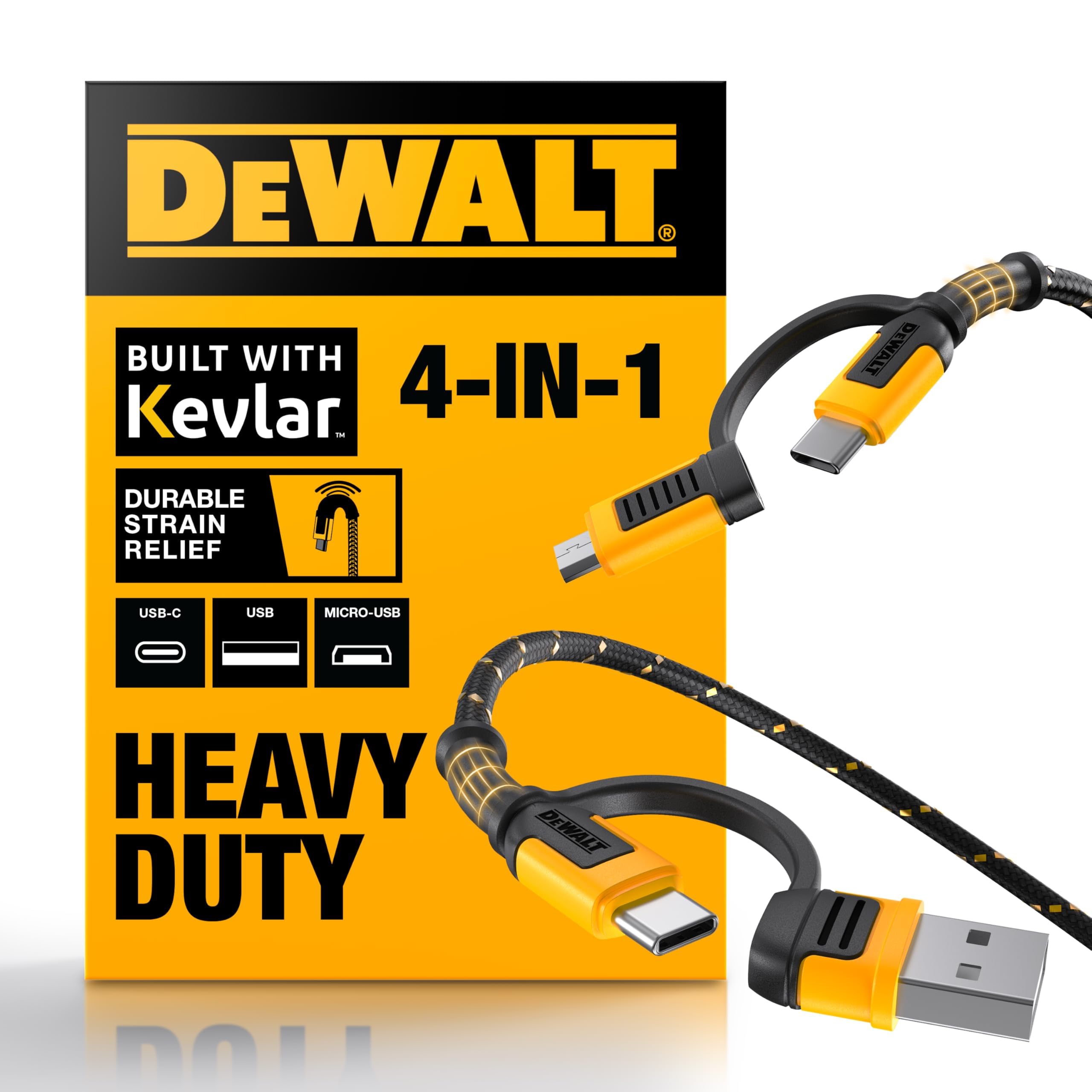 DEWALT Heavy Duty Cable 4-en-1 USB C/Micro USB/USB-A, Cable de Carga para iPhone 17/16/15, iPad, Samsung Galaxy y Android, Cable USB-C Todo en Uno 1,8 m Kevlar (Negro)