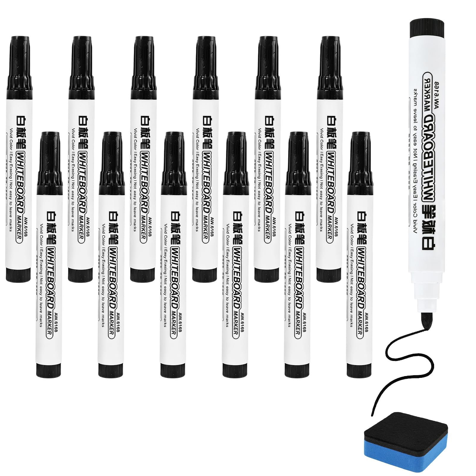 Maggasacca 12 Pcs Whiteboard Pens Black, Whiteboard Pens Black Set with Eraser, Low Odour, Quick - Drying & Easy Wipe Ink for School, Office, Home and Classroom