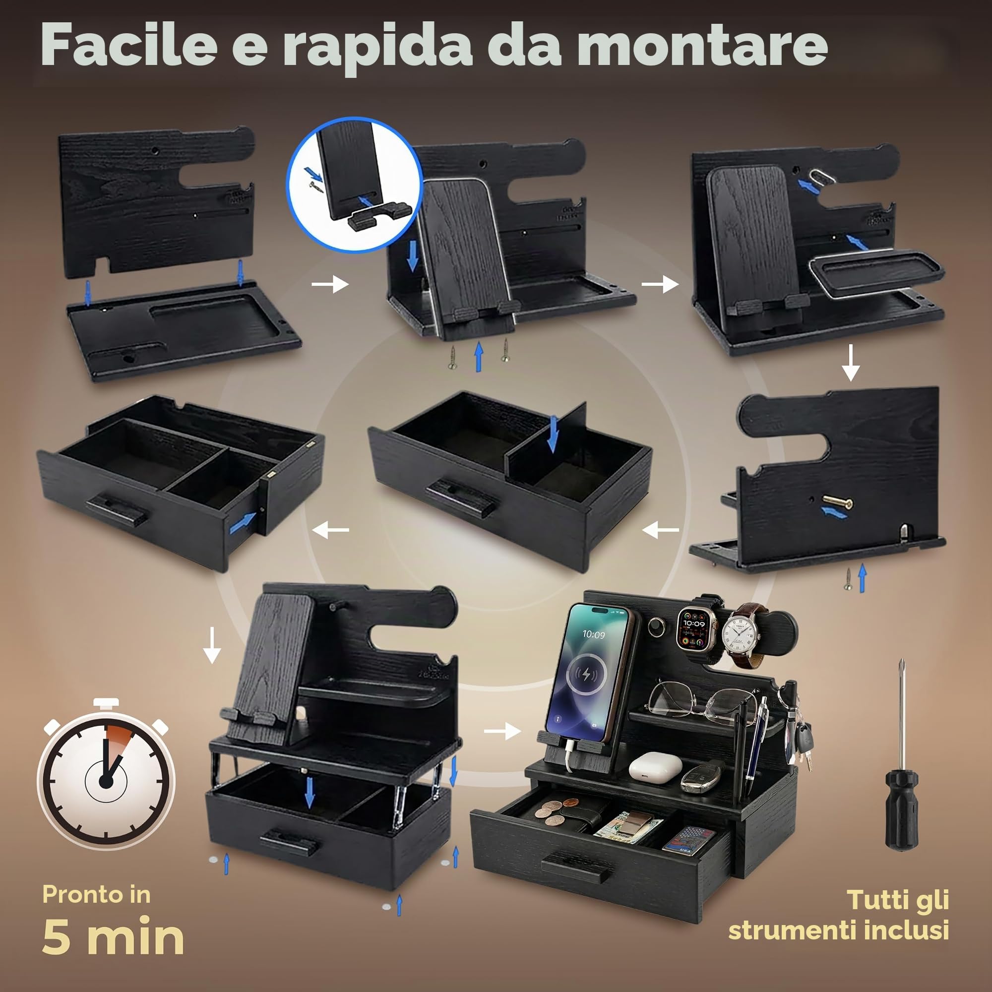 TESLYAR Docking station per telefono in legno con cassetto, organizer da comodino, organizzatore da scrivania per marito, regalo di compleanno per uomini, papà, idea di compleanno, portachiavi