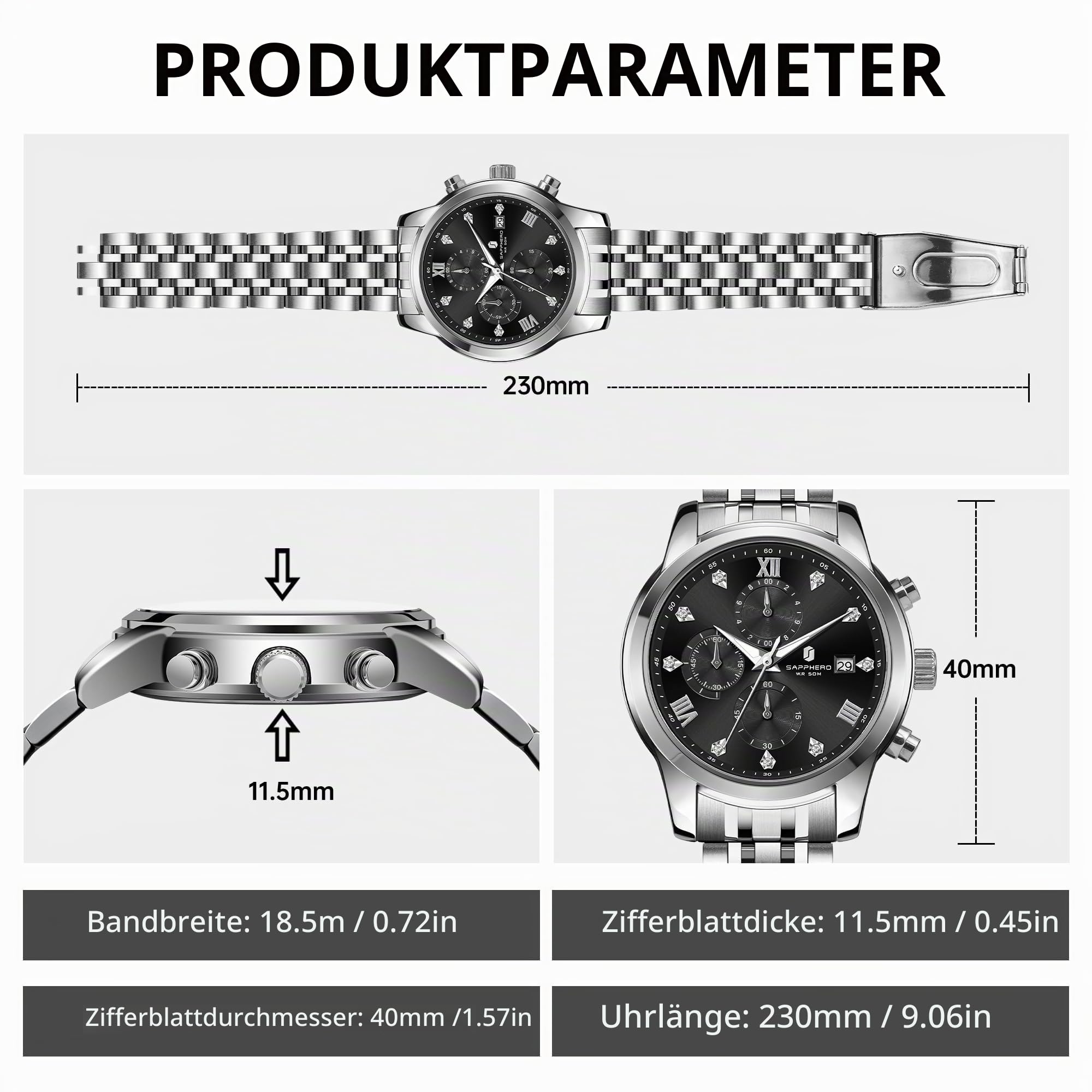SAPPHERO Uhren Herren herrenuhr Edelstahl 50M wasserdicht armbanduhren für Herren leuchtende stilvolle Geschenk Armbanduhr Datumsanzeige analogem Quarz armbanduhren
