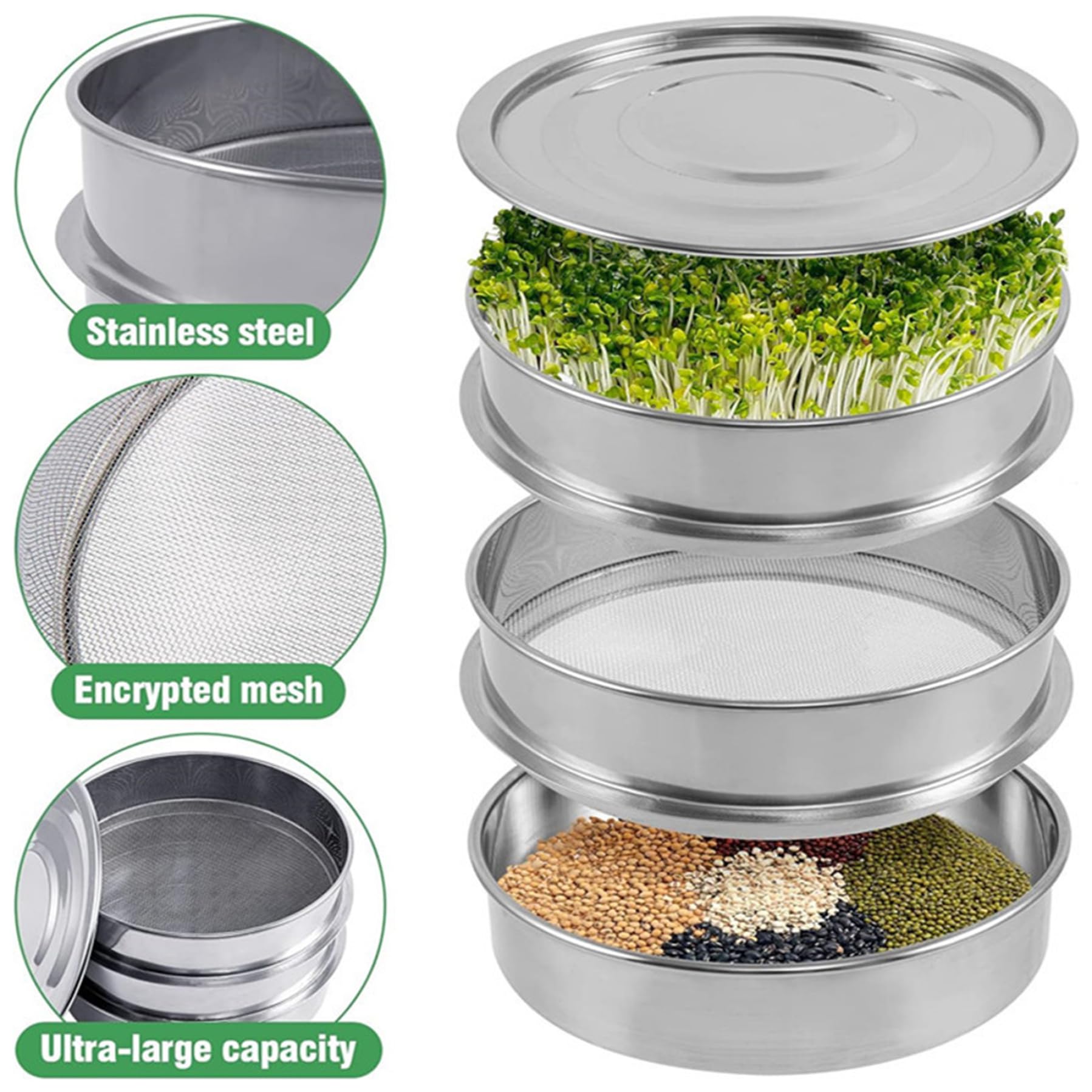 Sprossen-Anzuchtset, 8, 5 Zoll 2-stufiges Sprossen-Anzuchtset, Edelstahl-Sprossentablett, stapelbare Sprossentabletts für, Samenkeimtabletts für Microgreens-Bohnen, Garten
