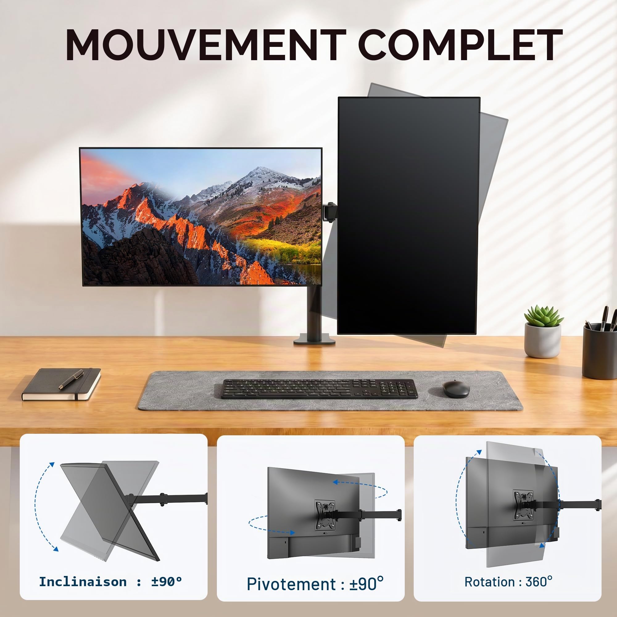 Bras Ecran PC VESA 75x100 360° Rotation ±90° Inclinable Hauteur Réglable 9KG Noir GRIFEMA GB2001-2