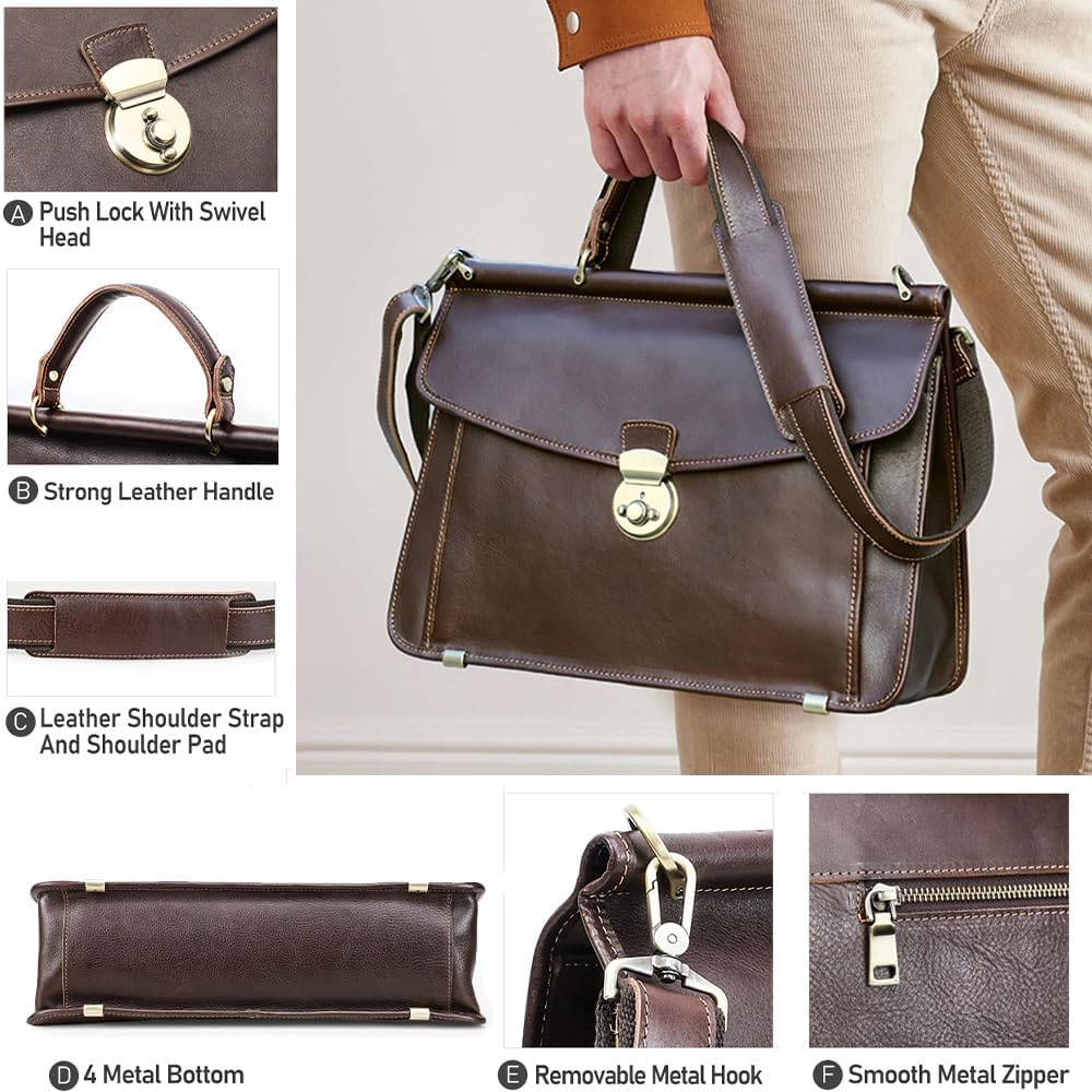 Contacts 14 Inch Laptop Briefcase for Men with Lock Full Grain Leather Messenger Bag Business Doctor Bag Computer Satchel Handbag