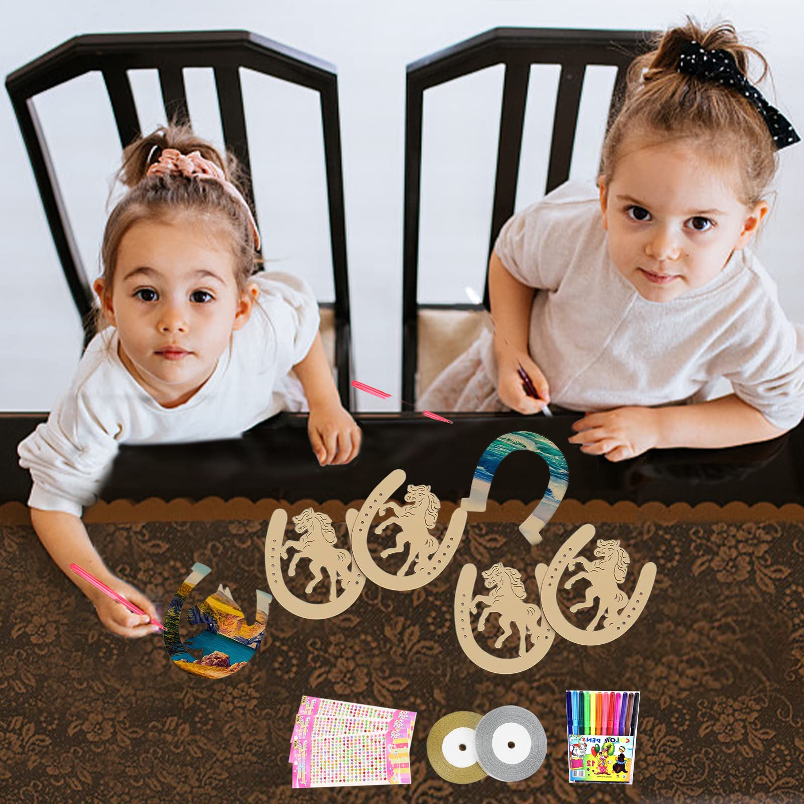 Lot De 24 Fers à Cheval En Bois – Formes Variées – Kit DIY Peinture – Crayons Et Strass Inclus – Anniversaire, Décoration