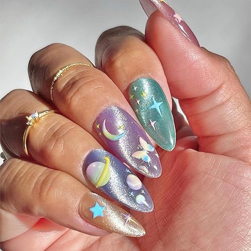 Miniatura 8 de Calcomanías de galaxia grabadas 5D para uñas, degradado, colorido, espacio, planeta, mariposa, diseño de macarrón, luna y estrella, calcomanías de