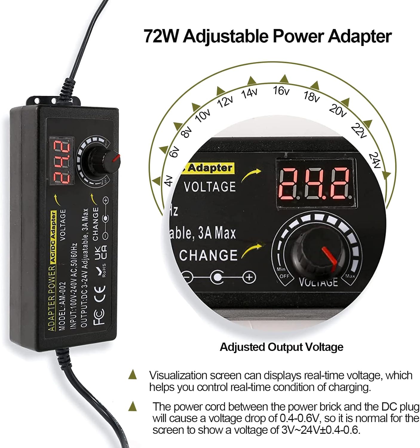 Universal Power Adapter, Adjustable 3V ~ 24V 3A 72W DC Power Supply, 100V-240V AC to 3V ~ 24V DC Variable Power Supply Converter Transformer with 14 Tips