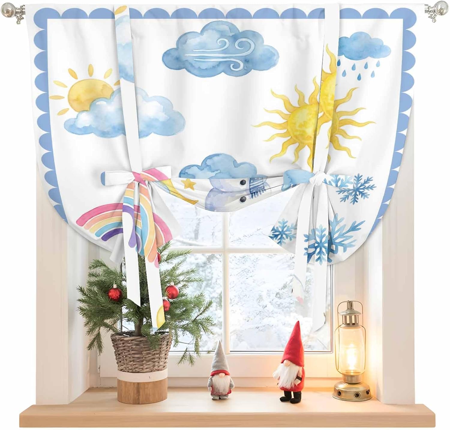 Cute Snowman Tie Up Curtains for Windows 63 Inch Length Balloon Curtains Kitchen Adjustable Balloon Window Shade Blue Weather Snowy Rainy Sun Rainbow Tie Up Valance Bathroom Curtain Window 52"x63"