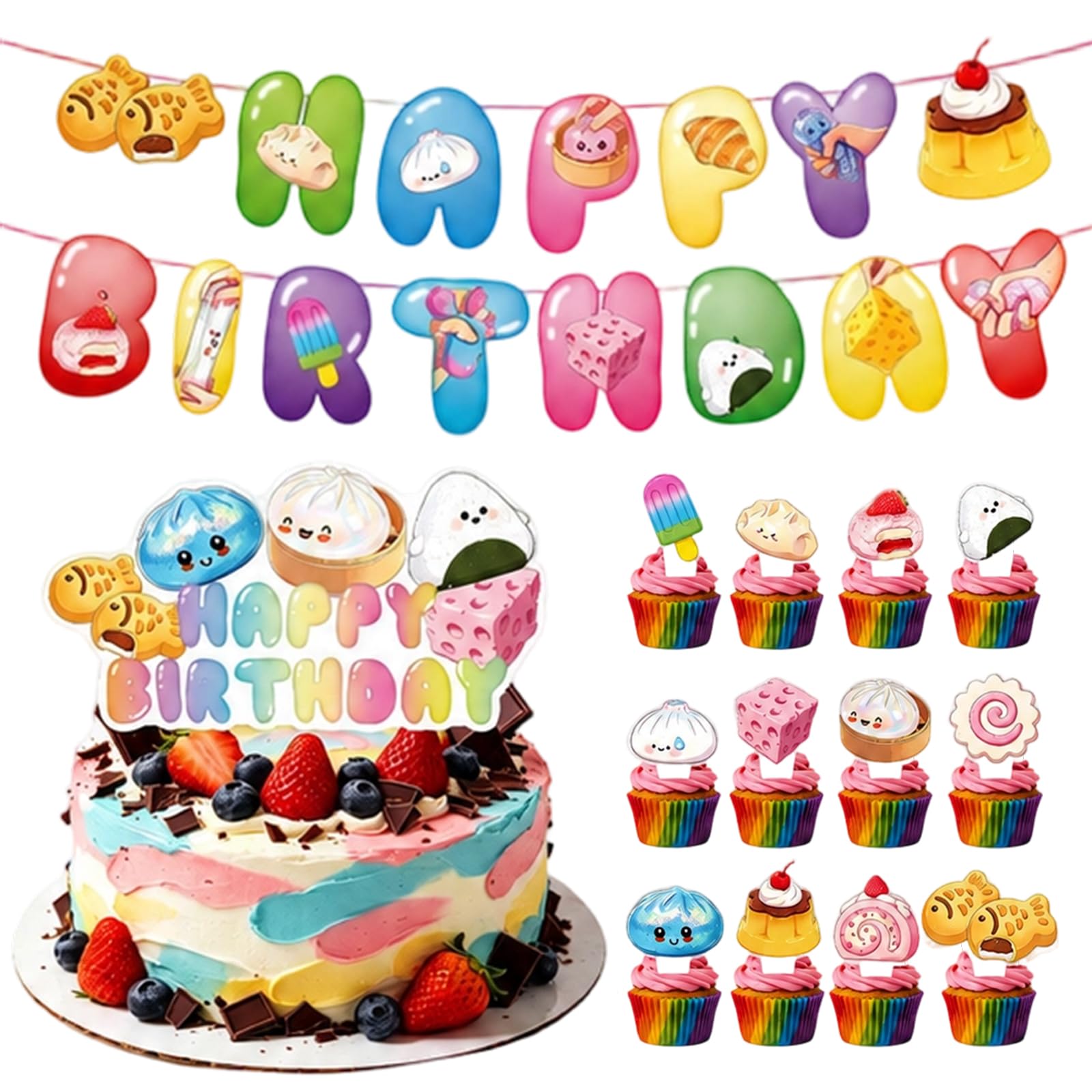 26Pcs Squishy Birthday Decorations, Happy Birthday Banner with Cake Topper