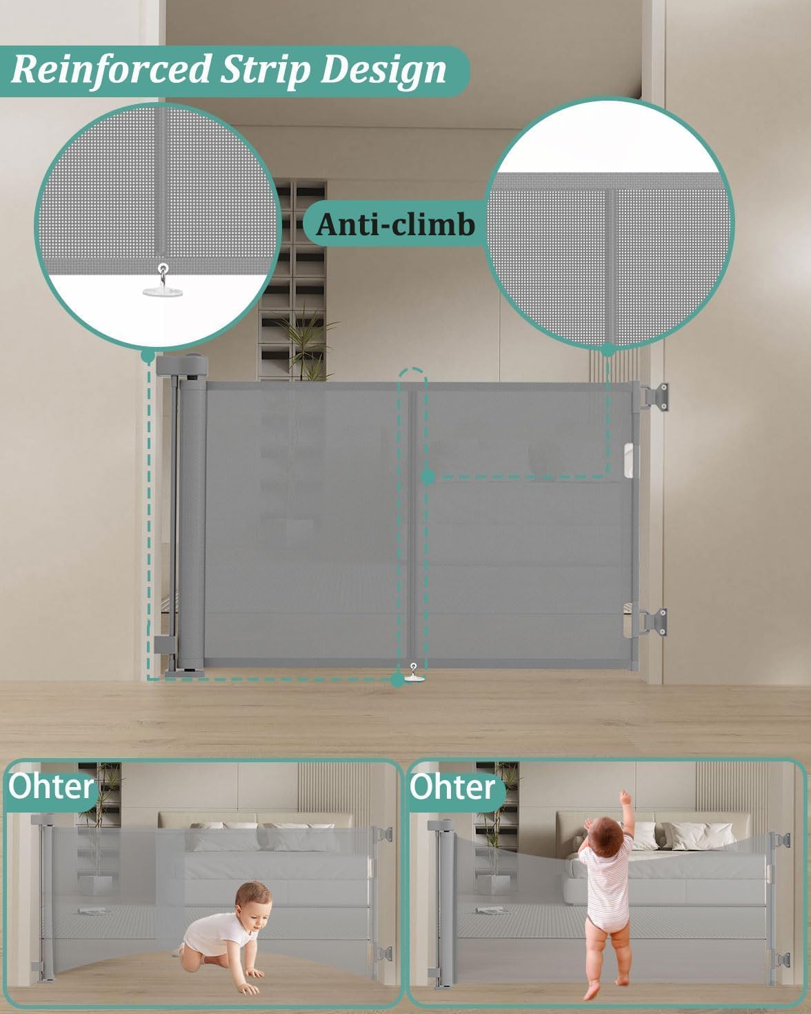 miumoon 50 inch retractable baby gates 42 inch tall, retractable gate with reinforced strip design to prevent crawling through, retractable dog gate for stairs, doorways, hallways gray 42" tall x 50" wide