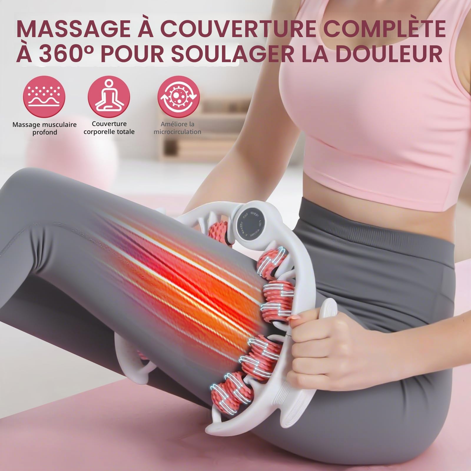 Masseur Anti Cellulite, Rouleau de Massage pour Jambes, Cuisses et Fesses, 360° Massage Cellulite avec Poignées Amovibles, Drainage Lymphatique Jambes (Rose)