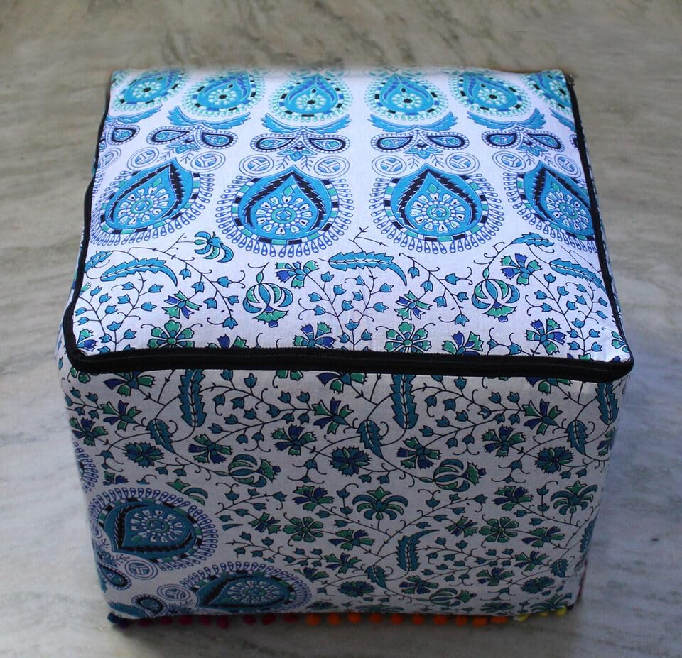 Indian Handmade Mandala | Square Ottoman Pouf Cover | Footstool Seating (White Blue Peacock Mandala, 22x22x14)