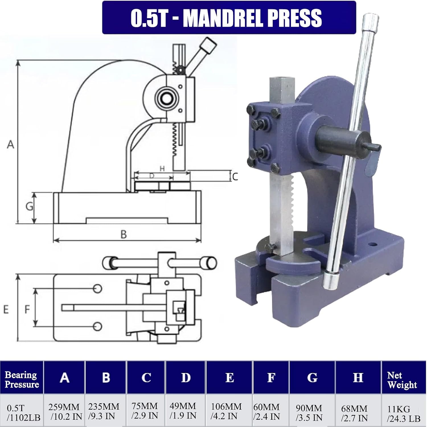 Manual Arbor Press Heavy Duty Cast Iron Arbor Press for Stamping Bending Stretching and Forming Metal Arbor Press Tool Desktop Punch Press Machine(0.5ton 2.9" Max. Working Height)